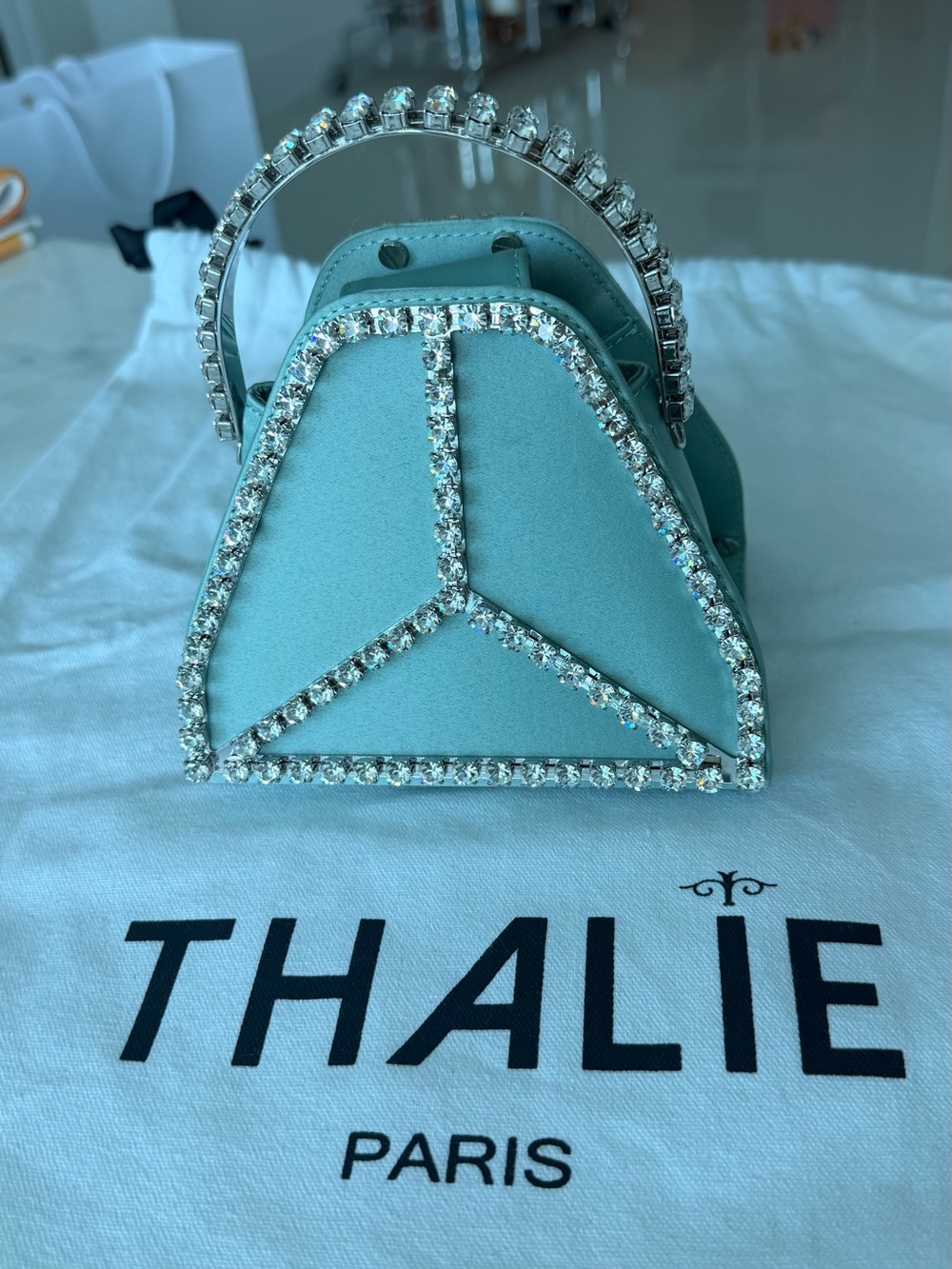 THALIE Paris Cleo Mini Strass Crystal Satin Evening Bag Mint NWT